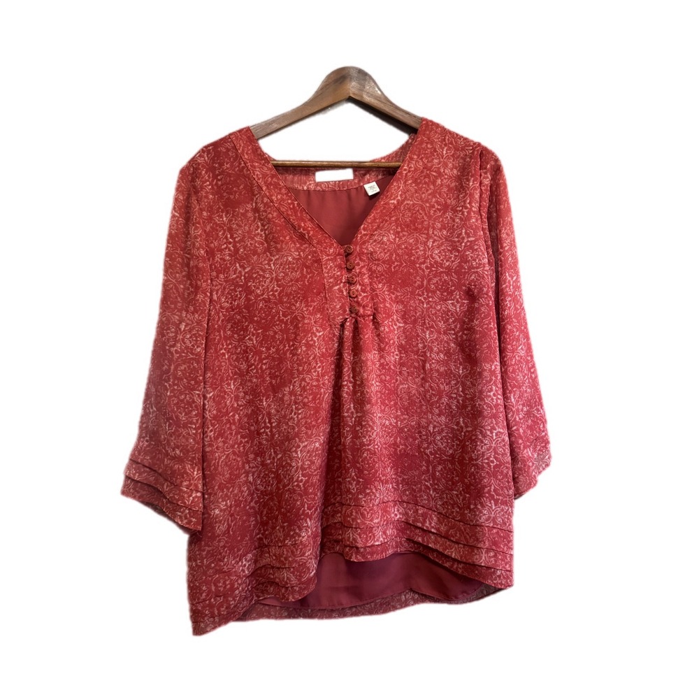 Coldwater Creek Blouse Women L Red Chiffon Pintuck Damask Print Excellent V-Neck